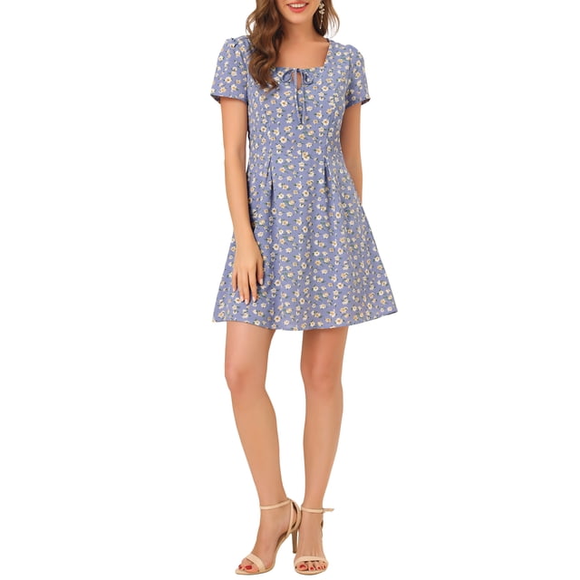 INSPIRE CHIC Robe de Bal Ligne A à Encolure Carrée Imprimée à Manches Courtes pour Femme G Violet-Floral