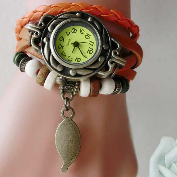 Price Down Sfonq Mothers Day Gift for Grilfriend ,Womens Watches Women Children Retro LeatherWinding Bracelet Leaf Pendant Watch OR,Orange Buy 2 Save 10%