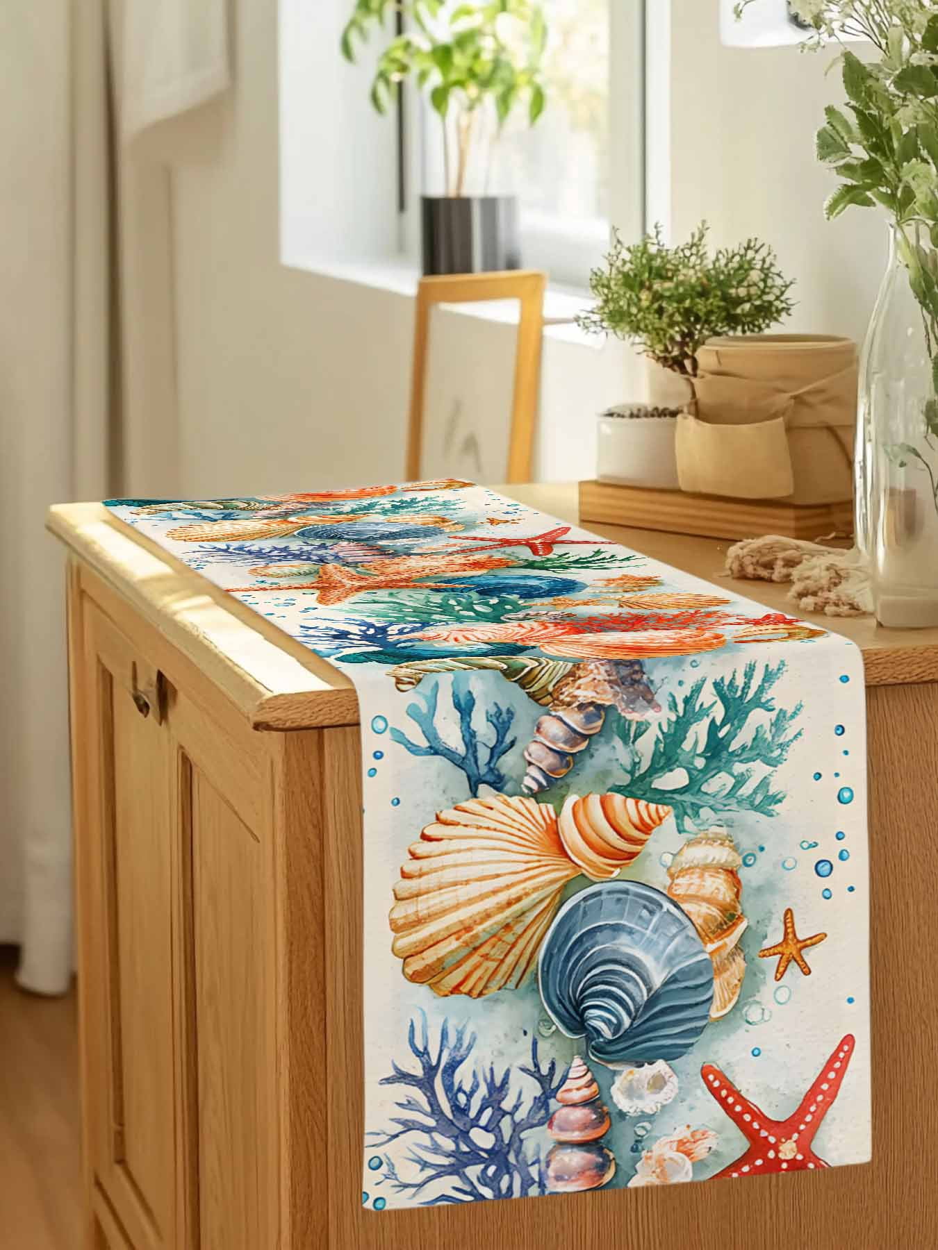 Ocean Starfish Shell Conch Table Runner 90 Inches Long, Sea Coral Underwater World Table Runners Tabletop Scarf Kitchen Dining Tables Decoration for Home Party Indoor Outdoor
