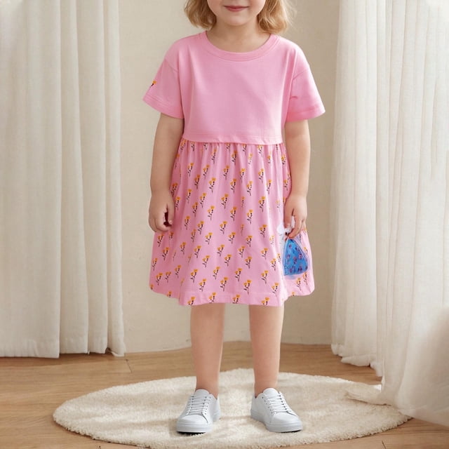 LOVZFMLL Robe Mignonne à Manches Courtes pour Tout-Petits Enfants Couleur Unie Imprimée Extensible Robe Trapèze