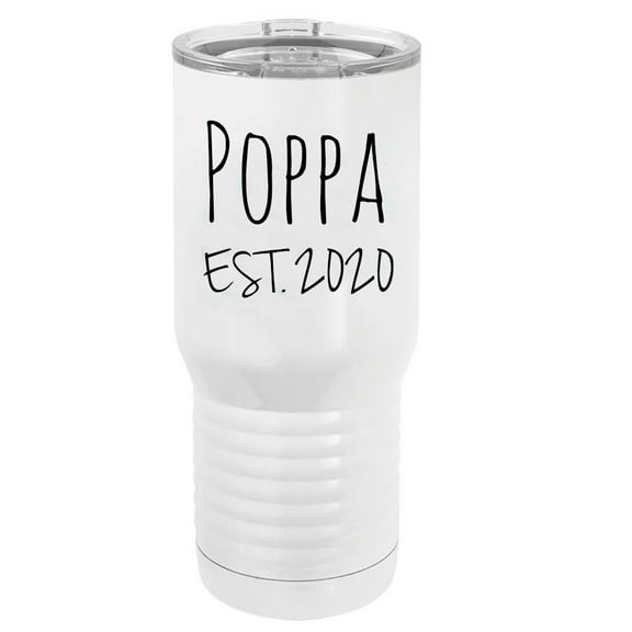Poppa Est. 2020 Established Stainless Steel Vacuum Double-Walled Insulated 20 Oz Tumbler Travel Coffee Mug with Clear Lid, White