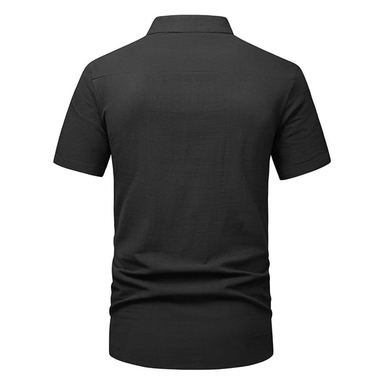 B91xZ Big And Tall Shirts for Men Male Spring Summer Stand Collar Short  Sleeve Shirt Pocket Solid Color Cotton Linen Top Black,Size L 
