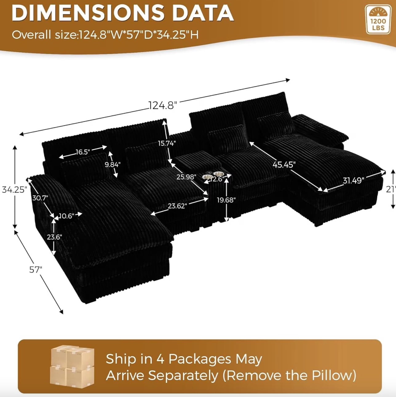 Vinform Oversided 124" U Shaped Cloud Couch Sectional, DeepSeat Sofa Bed with USB Charging, Hidden Storage, Cup Holders & Chenille Double Chaise, Black