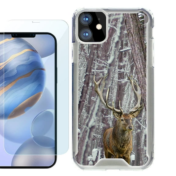 For Apple iPhone 12 Case, iPhone 12 Pro Case, Hybrid Bumper Phone case, with Tempered Glass Screen Protector, by OneToughShield ® - Deer/Snow/Camo