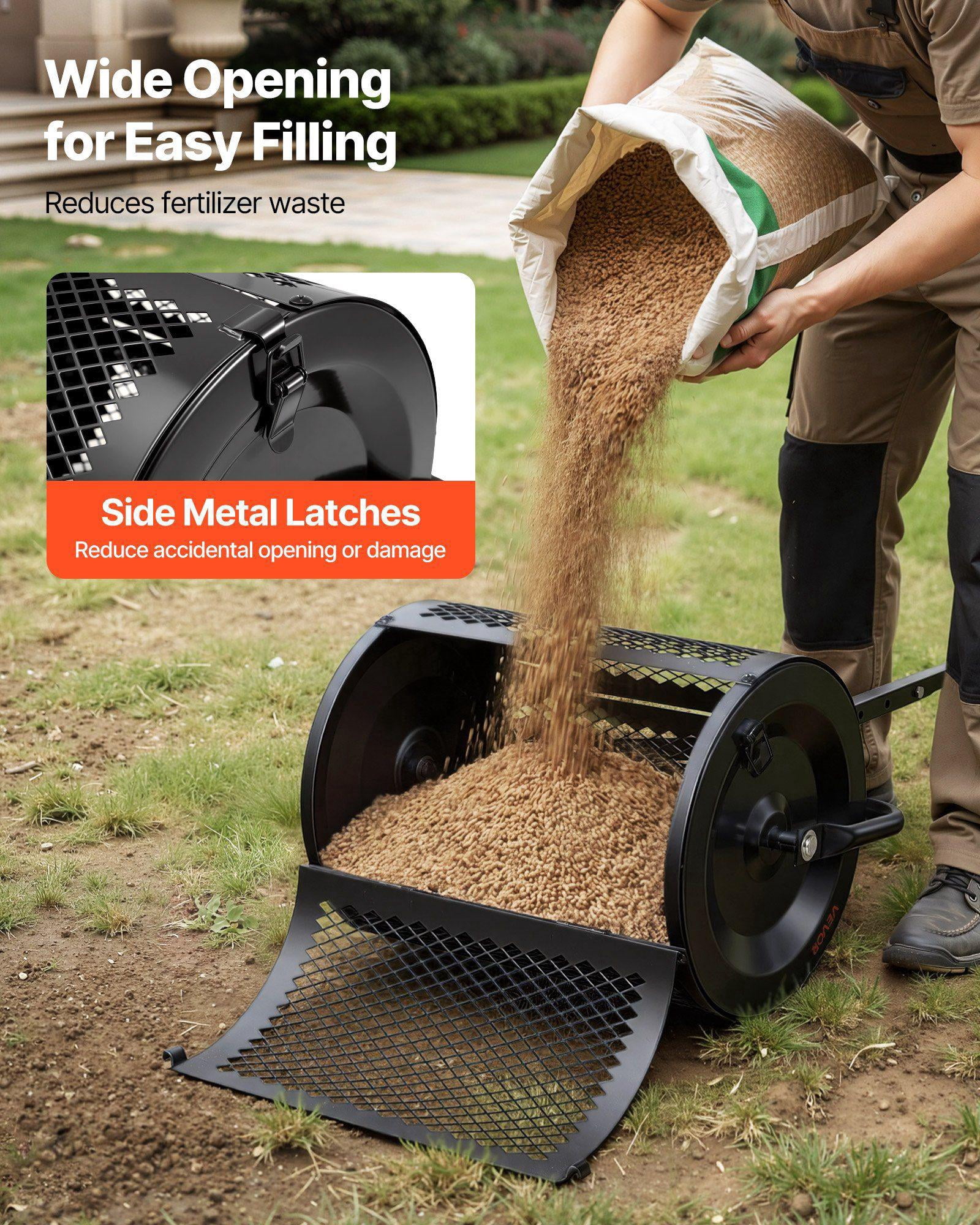 16.5 Inch Heavy Duty Garden Peat Moss Roller Spreader Adjustable T Handle Powder Coated Steel for Seeding Planting Black