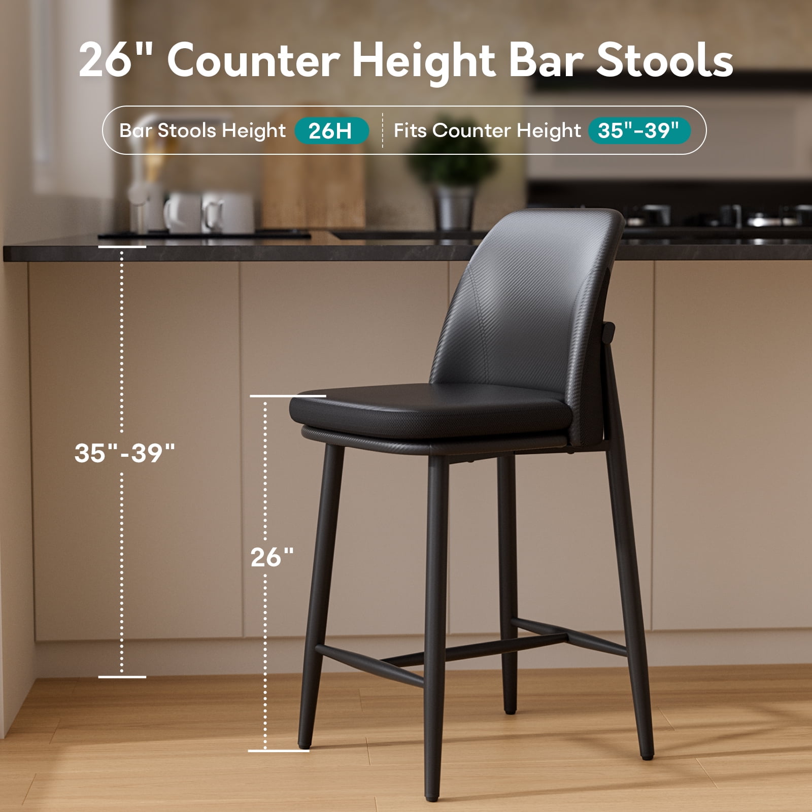 Genpo Bar Stools Set of 2, Upholstered Counter Height Bar Stools, Counter Stools 26 Inch Barstools with Back, Metal Legs and Textured Leather&Fabric for Kitchen Island Dining Room, Black