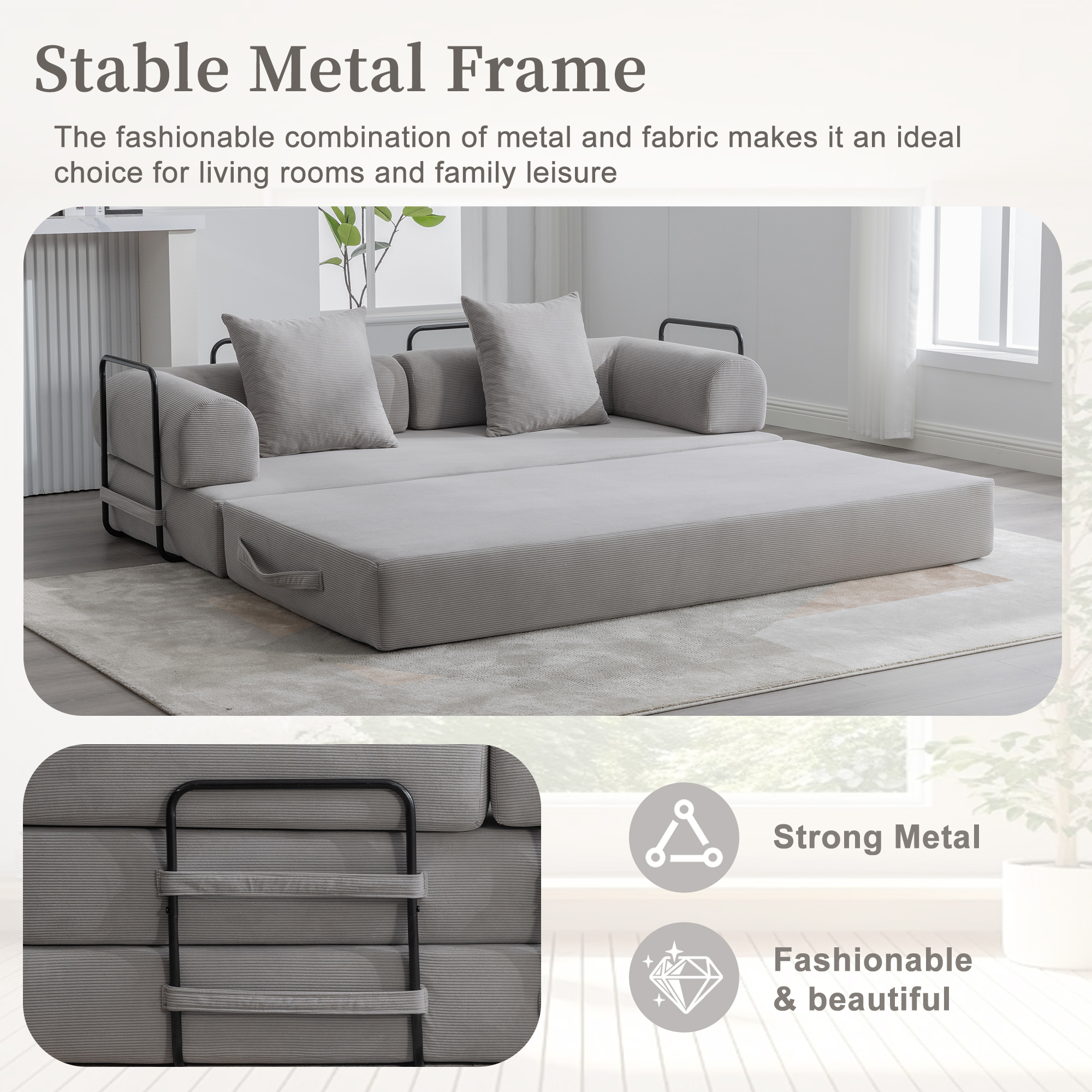 MOONMISS Corduroy Upholstered Modern Comfort Foldable Compressible Sofa Bed with Sturdy Metal Frame-Light Gray