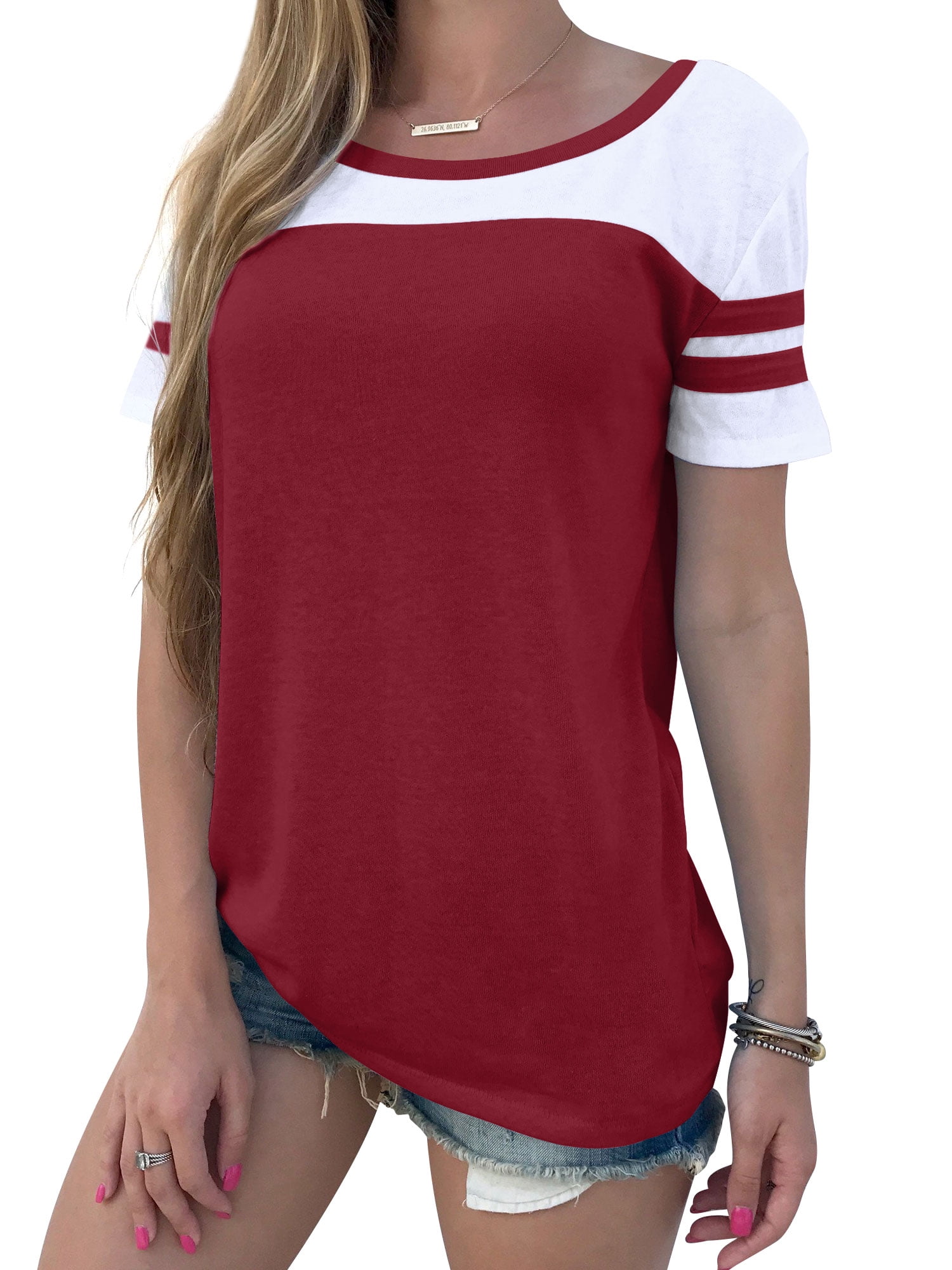 Floerns Women's Colorblock Stitching Trim T-Shirt - Loose Fit Short Sleeve Crew Neck Casual Top - View #3