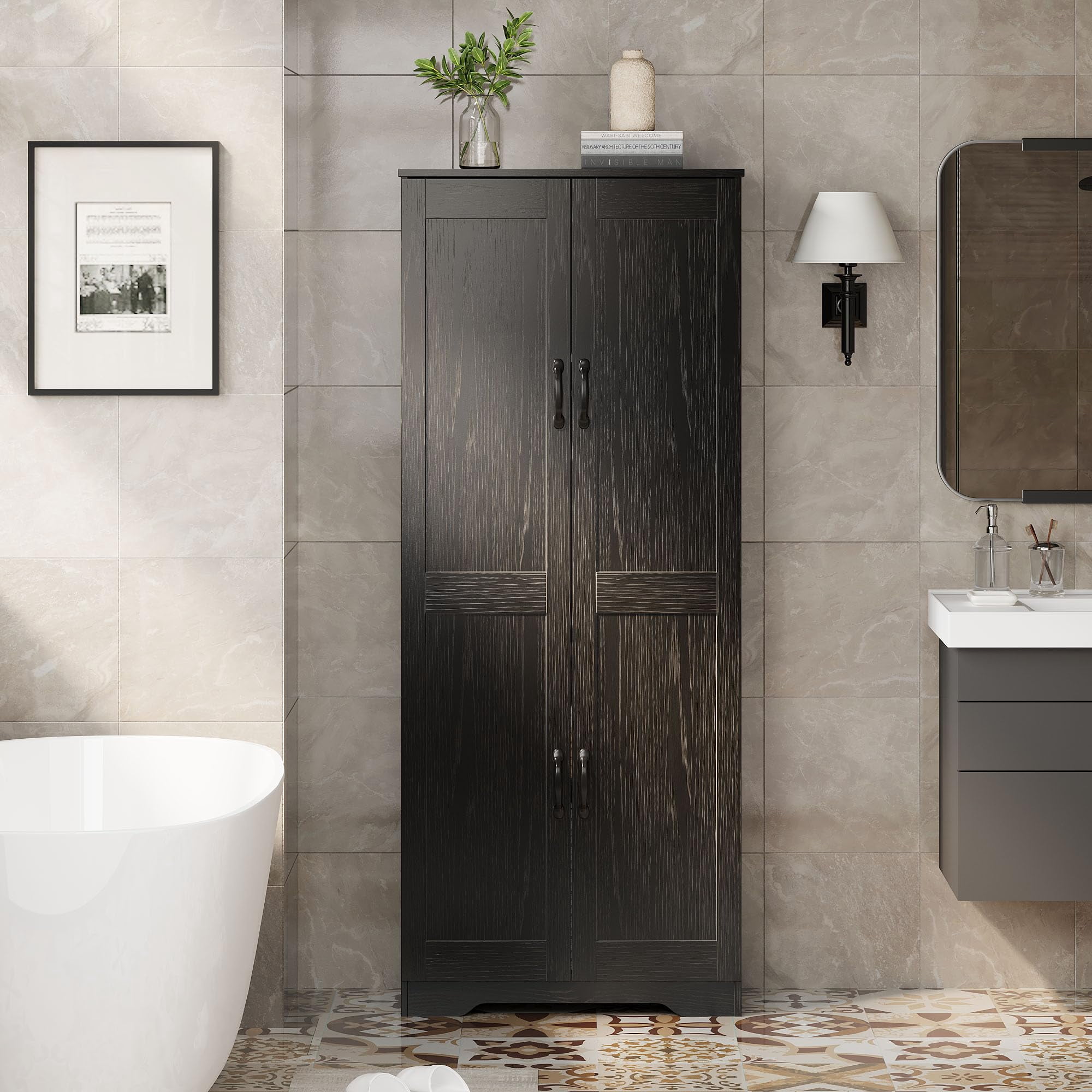 Juiluna Tall Pantry Cabinet, 60" Kitchen Pantry Storage Cabinet with 2 Doors and Adjustable Shelves, Freestanding Kitchen Cabinet, Cupboard for Dining Room, Bathroom, Antique Black