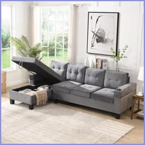 4-Seat Modern L-Shaped Sectional Sofa with Left Storage Chaise & 2 Cup Holders for Living Room | Gray | Velvet Fabric | Cushion Back