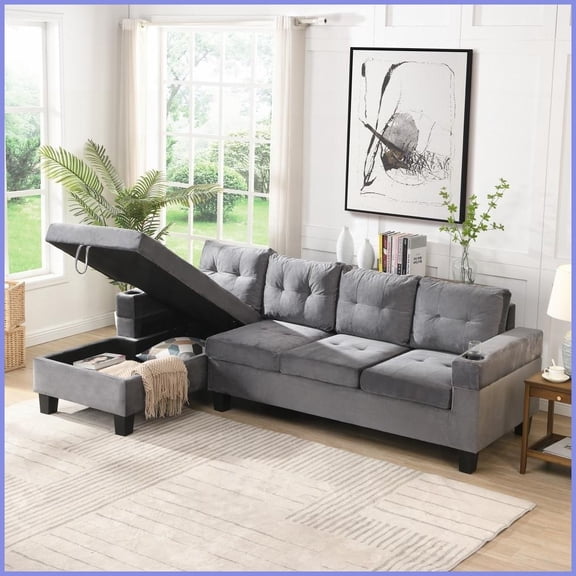 4-Seat Modern L-Shaped Sectional Sofa with Left Storage Chaise & 2 Cup Holders for Living Room | Gray | Velvet Fabric | Cushion Back
