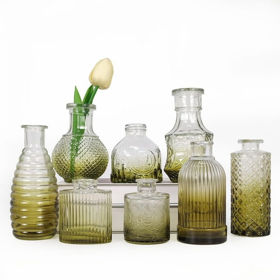 8 Pcs Small Glass Vase Set Bud Vases for Flowers Various Sizes Mini Vintage Vase for Decorative Table Wedding Party Home Transparent/Amber/Green (Green)