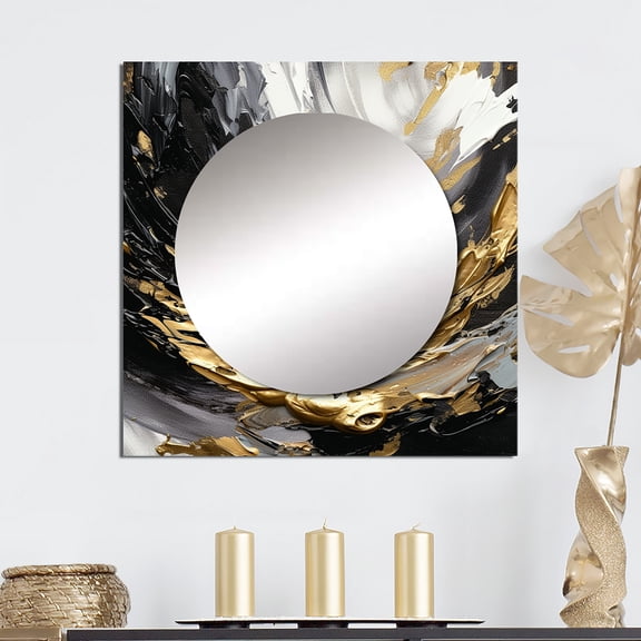 Designart "Fantasies Of Prosperity Black And Gold III" Abstract Painting Square Mirror For Wall Decor - Large Gold Square Mirror Printed Wall Decor - Modern Square Living Room Mirror