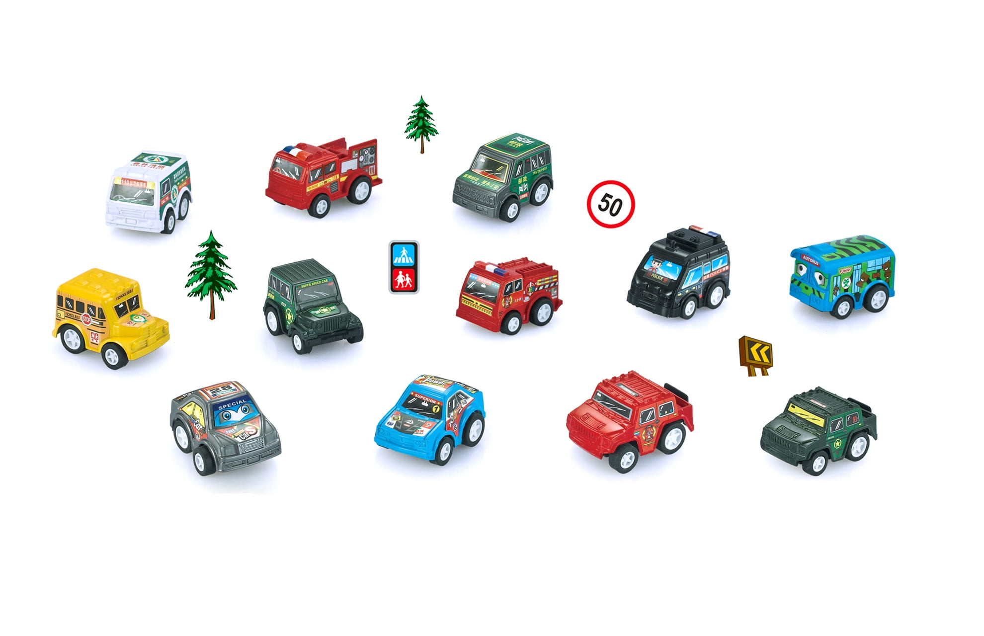12 Pc Pull Back And Go Mini Cars & 7 Road Signs Play Set .Great for