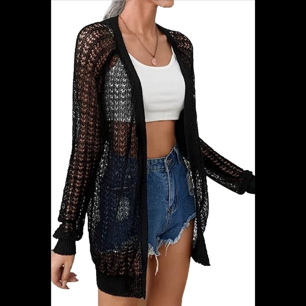 Cárdigan de Crochet de Verano para Mujer, Suéter Bohemio de Larga con Abertura Frontal Negro M