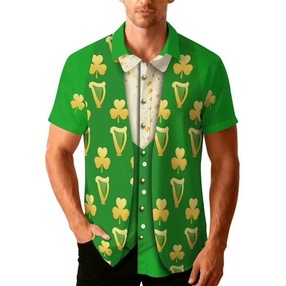 LYEAA Mens St.Patricks Day Shirt Clover Print Collared Short Sleeve Shirt Breathable Button down Blouses Summer Holiday Tops
