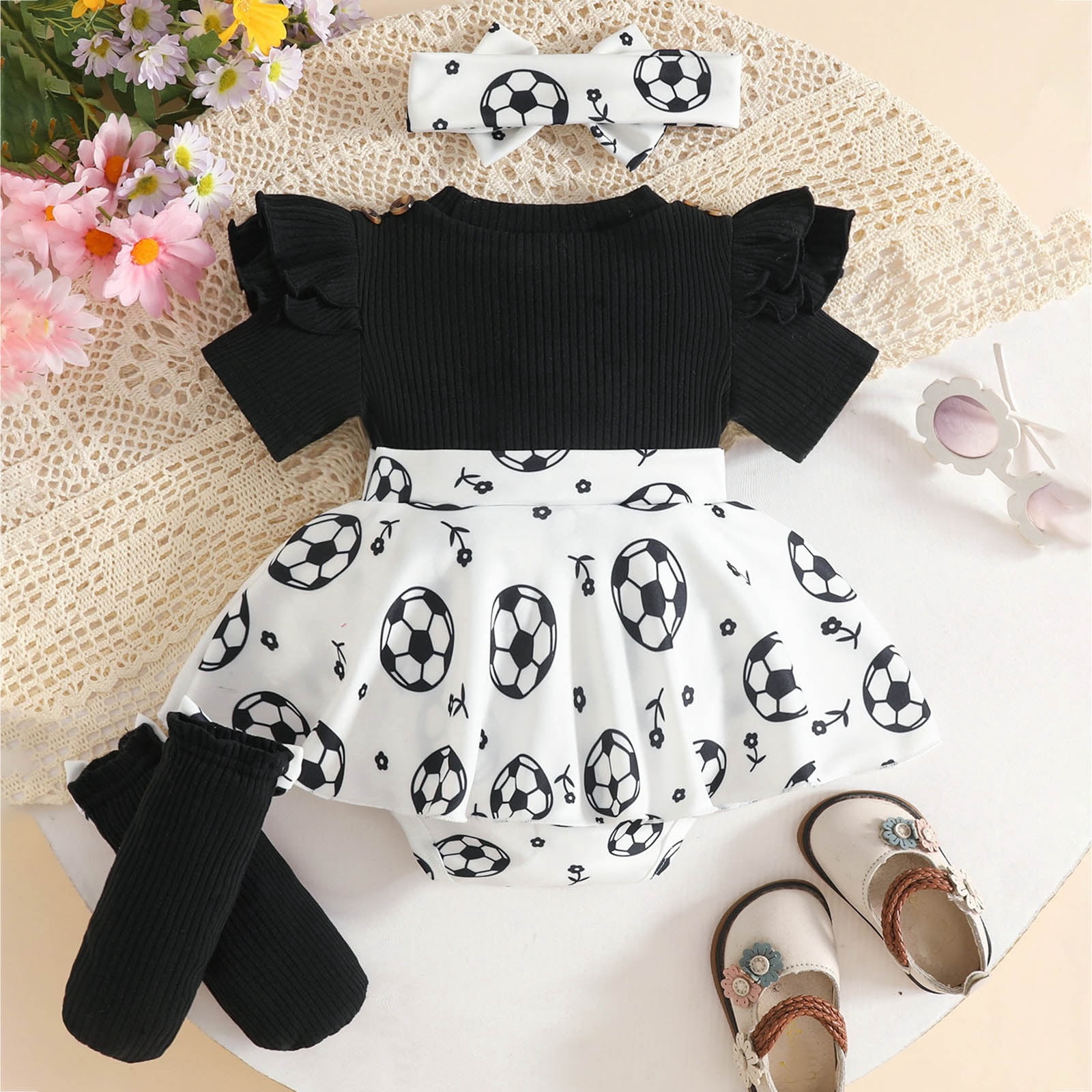 Faraee Baby Girl Summer Clothes Ruffle Romper Short Sleeve Bodysuit Bow Hairband Socks Newborn Infant Cute Outfits (9-12M,Black)