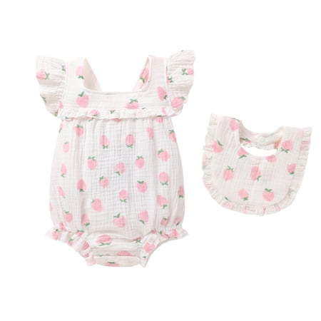 Happy Town Baby Girl Summer Clothes Infant Sleeveless Cotton Romper with Soft Bib Toddler Ruffled Jumpsuit Bodysuit