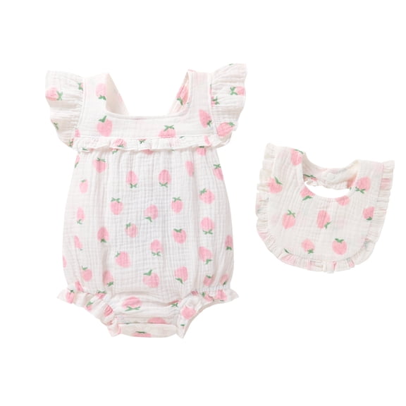 Happy Town Baby Girl Summer Clothes Infant Sleeveless Cotton Romper with Soft Bib Toddler Ruffled Jumpsuit Bodysuit
