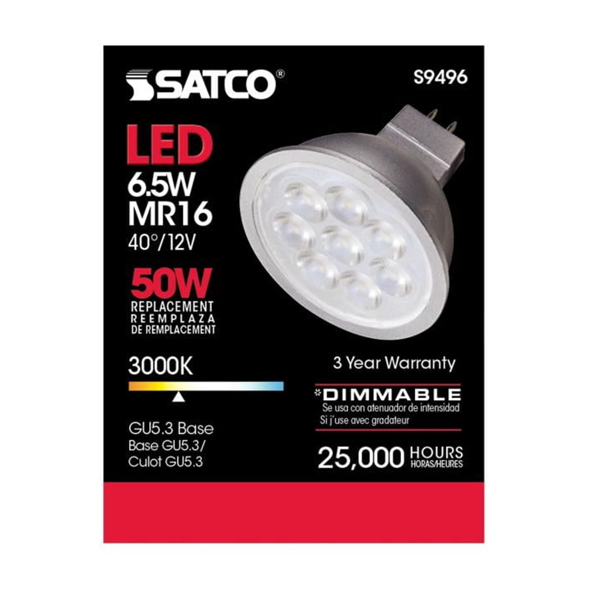 Satco Lighting 6.5 Watt Dimmable MR16 Low Voltage LED Light Bulbs - 3000K Soft White - 40 Degree Beam Angle - GU5.3 Base - 12 Volt AC/DC (12 Pack)