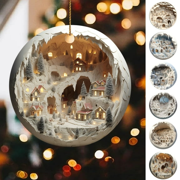 Christmas Acrylic Round Forest Snow House Hanging Decoration, Winter Landscape Ornament, Three Dimensional Christmas Decoration Gift, Christian Decoration for Christmas Tree