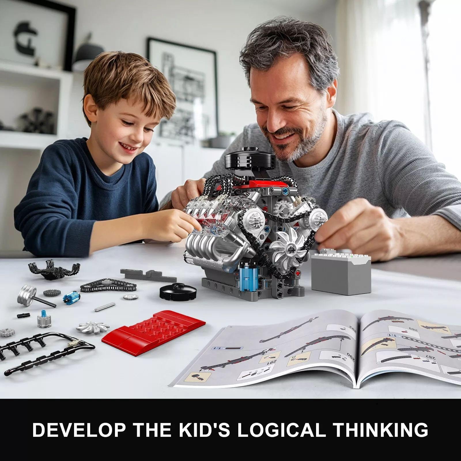 GUYUTING Building Block V8 Engine Motor Model Toy Kit Creative Construction 14+ Gift for Adults Teens ABS