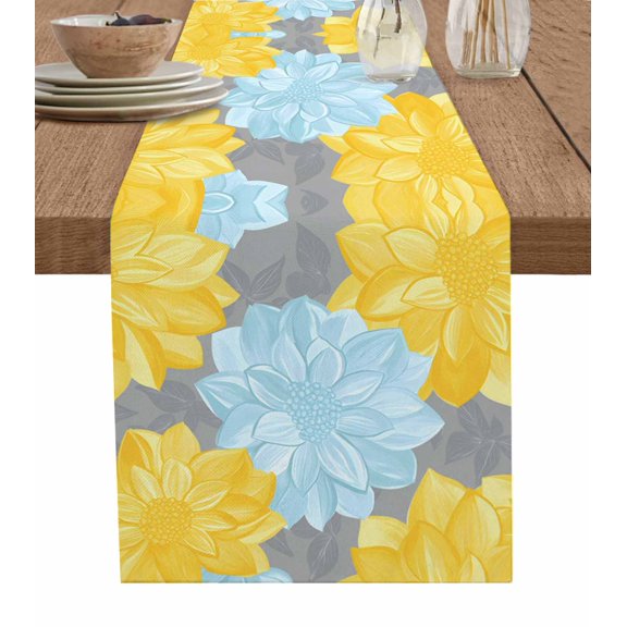 Yellow Teal Floral Spring Table Runner 72 Inches, Pastoral Summer Botanical Bed Runner Dresser Scarves Tabletop for Indoor Outdoor Parties/Ceremony/Banquet, 13" x 72"