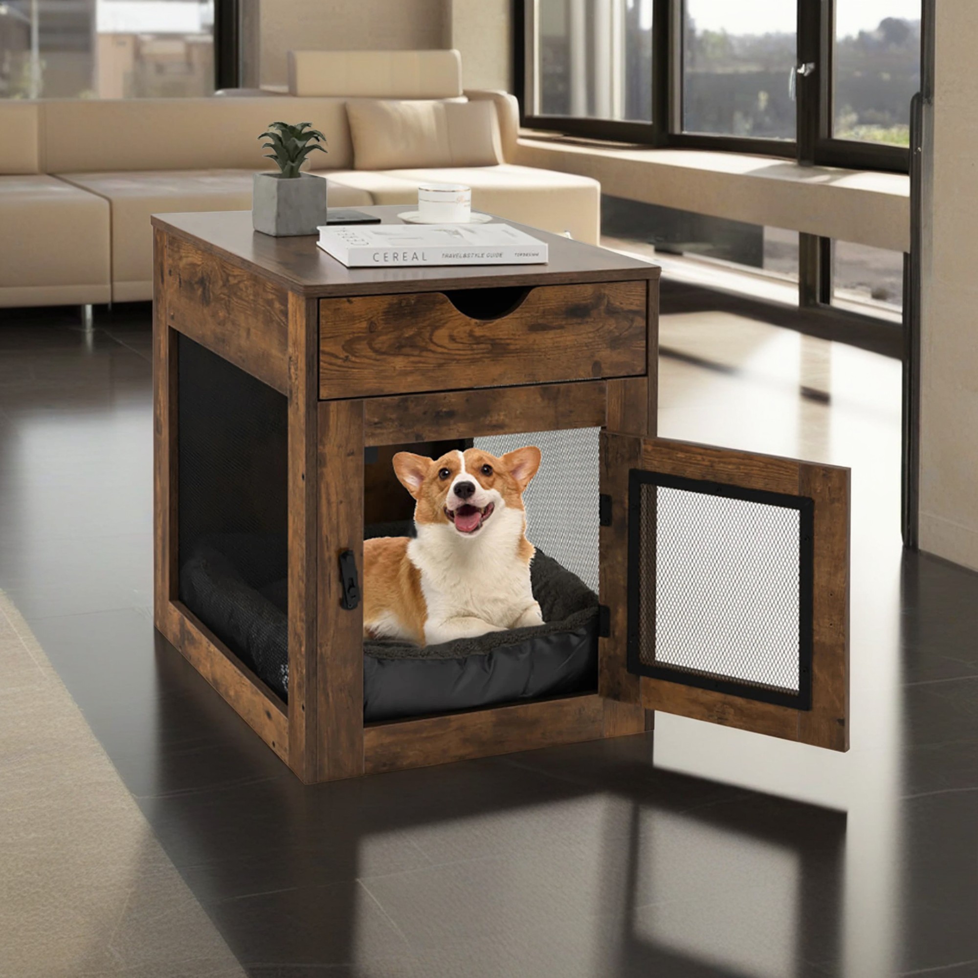 Kadyn 25" Dog Crates for Medium Dogs, Wood Dog Cage Furniture with Drawer and Removable Dog Bed, Dog Kennel for Indoor, Dog House, Brown