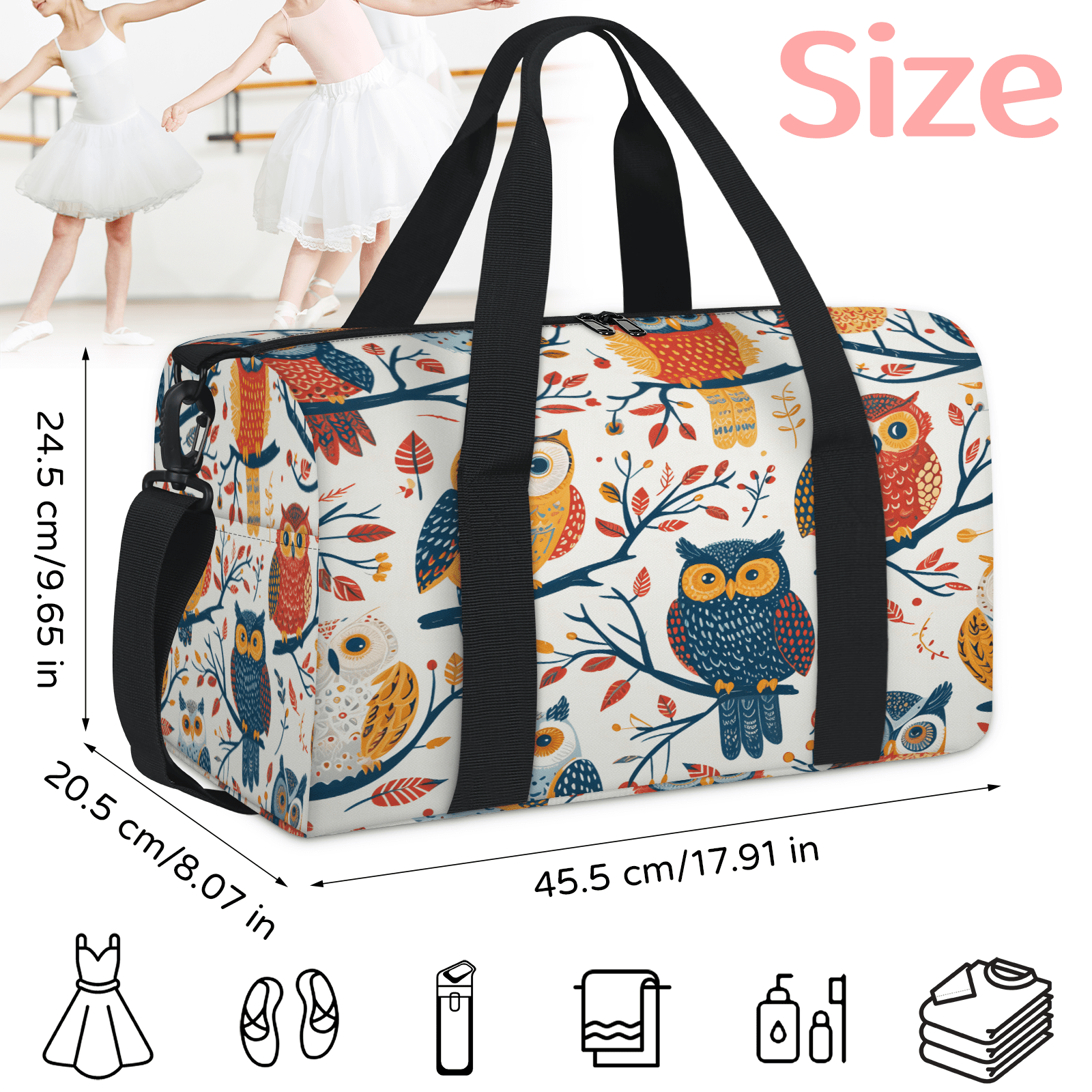 Herdesigns Cute Owl Birds Gym Bag for Women, Duffle Bag for Travel Sport, Lightweight Waterproof Carry on Weekender Overnight Dance Yoga Workout Bags