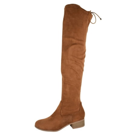 

Soda Yah Over the Knee Thigh High Round Toe Low Heeled Zipper Riding Boots Back Laces Brown Russet 7.5