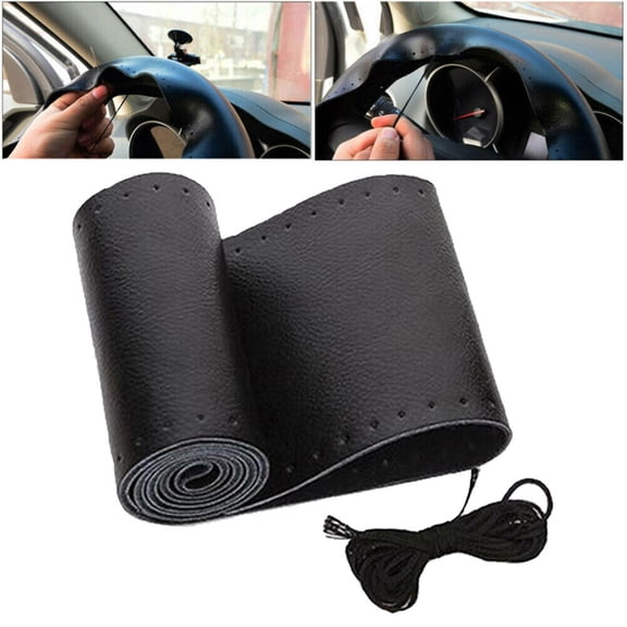 38cm Black Leather DIY Car Steering Wheel Cover With Needles and Thread