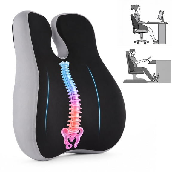 Ergonomic Memory Foam Seat Cushion for Office Chair & Car - Back Support Pillow for Pain Relief, Black & Gray