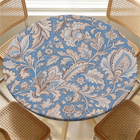 ARTSLION Elastic Tablecloth For Round Tables, Waterproof Tablecover For Up To 36in Round Table, Dining Tablecover For Indoor And Outdoor, Holiday, Blue Paisley