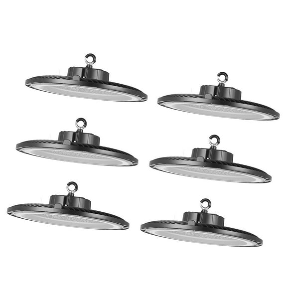 KFFKFF 6 Pack LED High Bay Lights, 5000K 250W 36000LM Bright UFO LED Lights for Warehouse, Workshop, Factory, Gym, Garage, Barn, IP65 Waterproof, 100-277V Voltage, Black