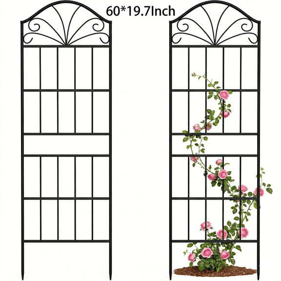 VOXOR 2-Pack Metal Trellis for Climbing Plants Outdoor, 60 x 19.7 Inch Tall Garden Trellis with Rustproof Coating, Decorative Black Iron Rose Trellis for Vines and Flowers
