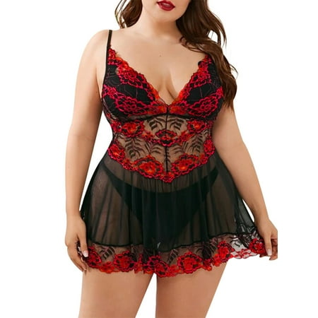 Keeccty Women Plus Size Gauze Sheer Sexy Babydoll Lace Spaghetti Chemise Nightdress