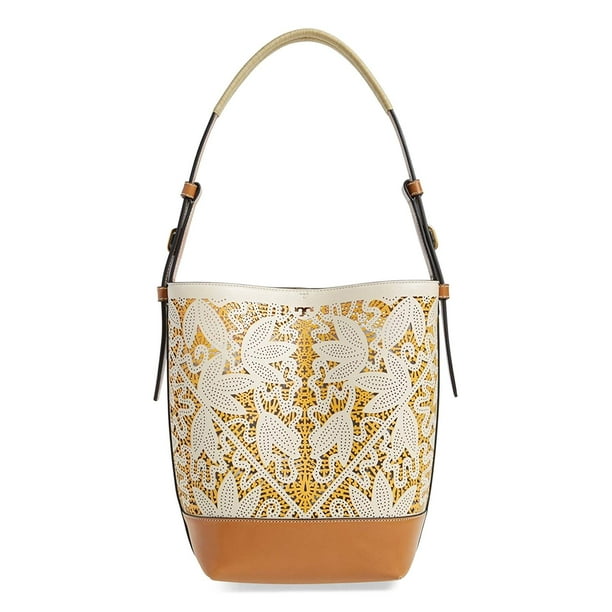 Tory Burch Tory Burch Perforated Leather Hobo Parchment Flower Tan
