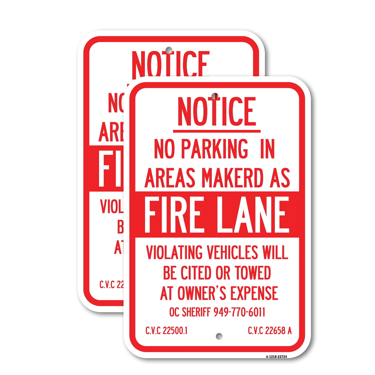 (2 Pack) No Parking in Areas Marked as Fire Lane CVC Section 22500.1