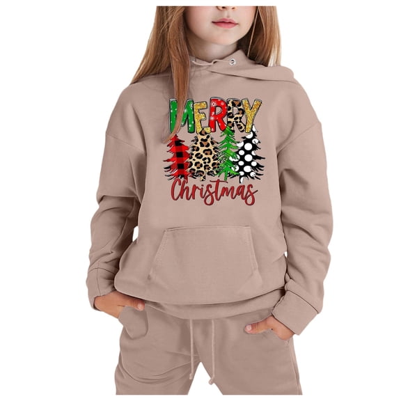 Girls Winter Clothing Set 12-14 - Girls Long Sleeve Hoodie Top Print Pant Set Kids Holiday Outfit Bundle (Khaki,8-9 Years)