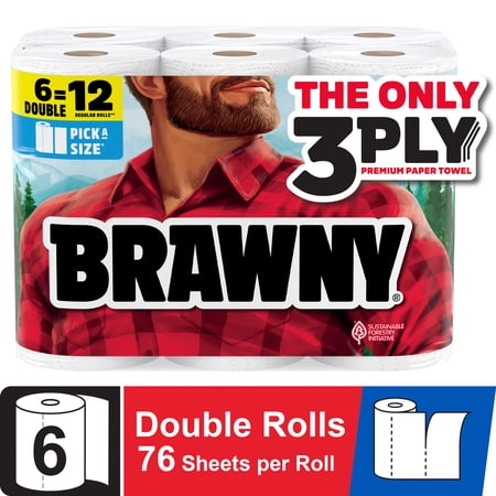 Brawny Pick-A-Size 3-Ply Paper Towels, 6 Double Rolls, 76 Sheets Per Roll