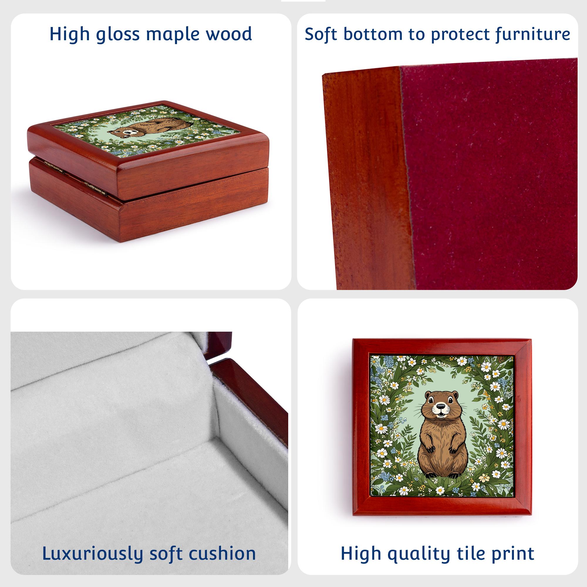 3dRose, Massachusetts Mayflowers and Groundhog Woodchuck, Jewelry Box 5.5x5.5 inch with 4 inch tile