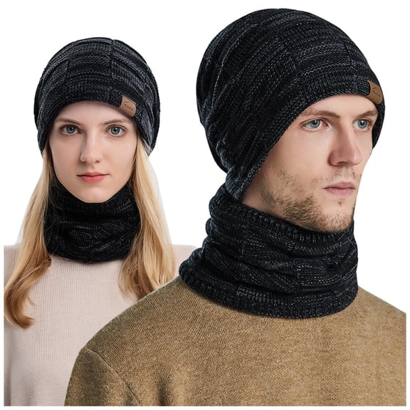 MSJUHEG Winter Beanie Hat Scarf Set for Men Women Fleece Lined Warm Windproof Knit Ski Beanie and Neck Warmer Gaiter for Cold Weather Outdoor Sports Black One Size