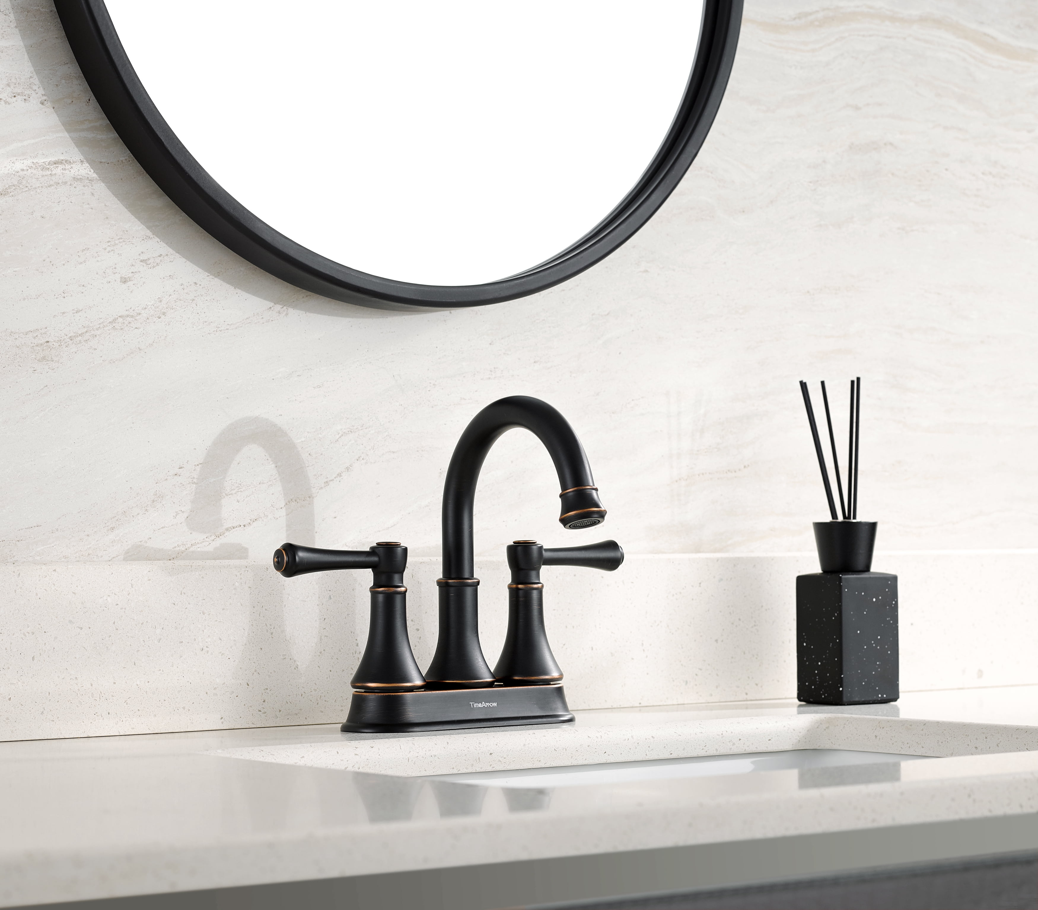 TimeArrow Oil Rubbed Bronze 2 Handle Centerset Bathroom Sink Faucet with Pop up Drain, High Arc Modern 4 Inch Bathroom Vanity Lavatory Faucet for 3 Holes with Brass 360° Swivel Spout, TAF067Y-ORB