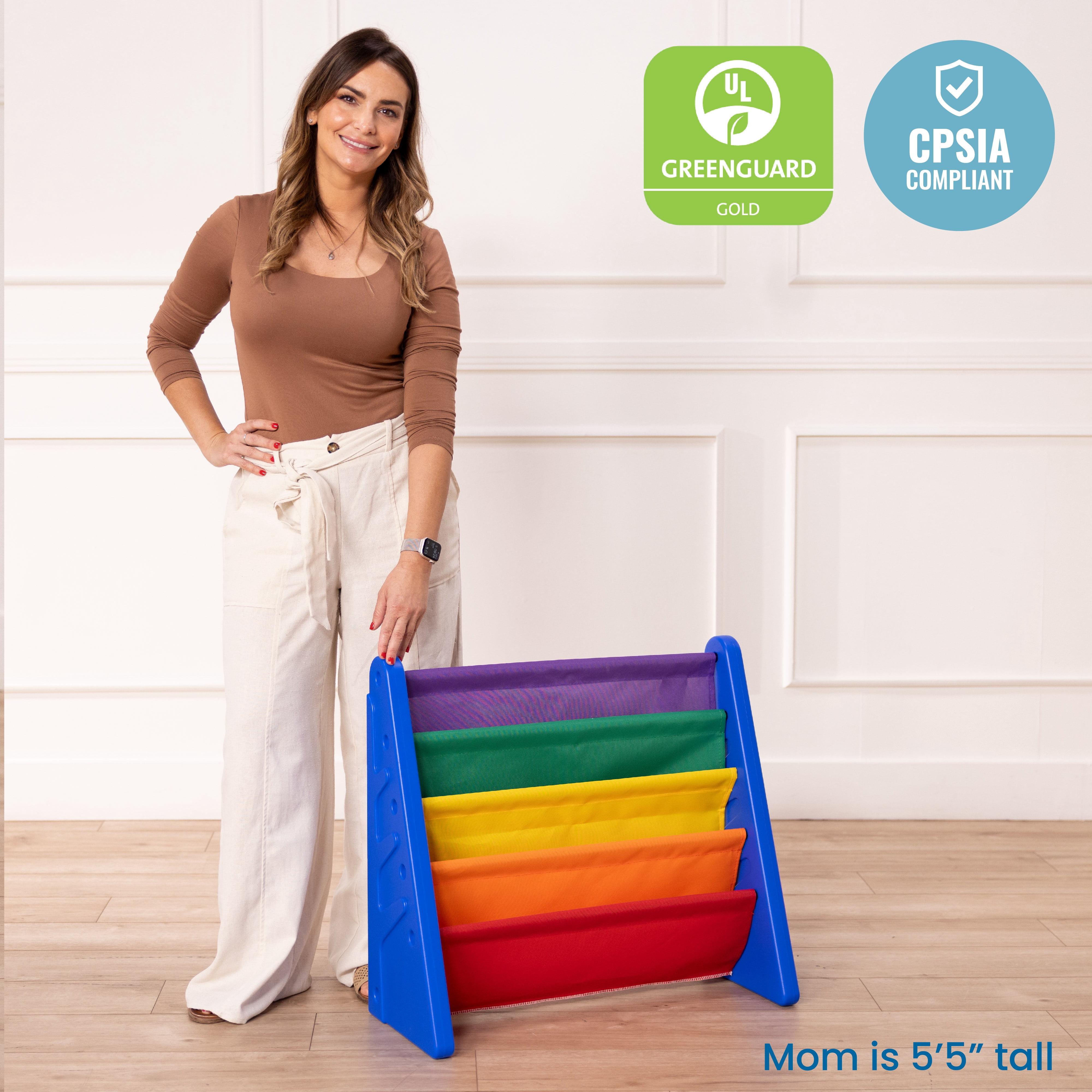 ECR4Kids 4-Tier Sling Book Display with Deep Fabric Pockets, Primary
