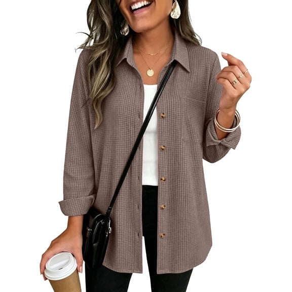 Women Waffle Knit Button Down Shirt Jacket, Lapel Pocket Long Sleeve Loose Casual Shacket