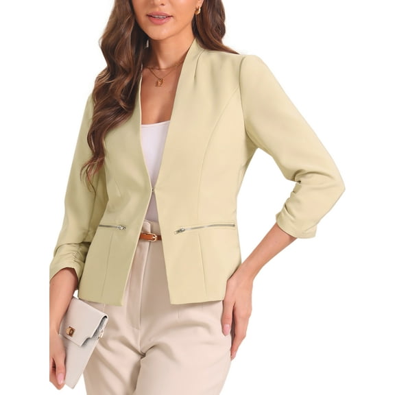 INSPIRE CHIC 3/4 Sleeved Open Front Blazer for Women Suit Jacket Work Office Casual Blazers with Zipper Pockets Apricot XS