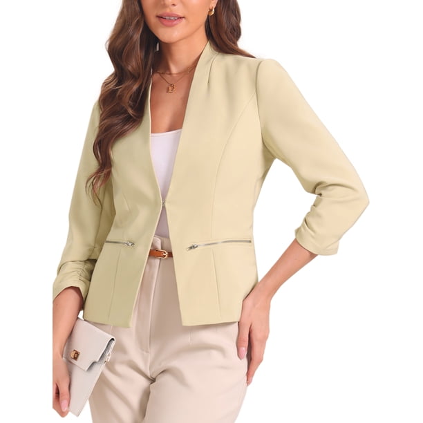 INSPIRE CHIC Blazer Abierto de 3/4 de Manga para Mujeres, Chaqueta de Traje, Blazers Casual para Oficina con Bolsillos con Cremallera, Color Albaricoque M