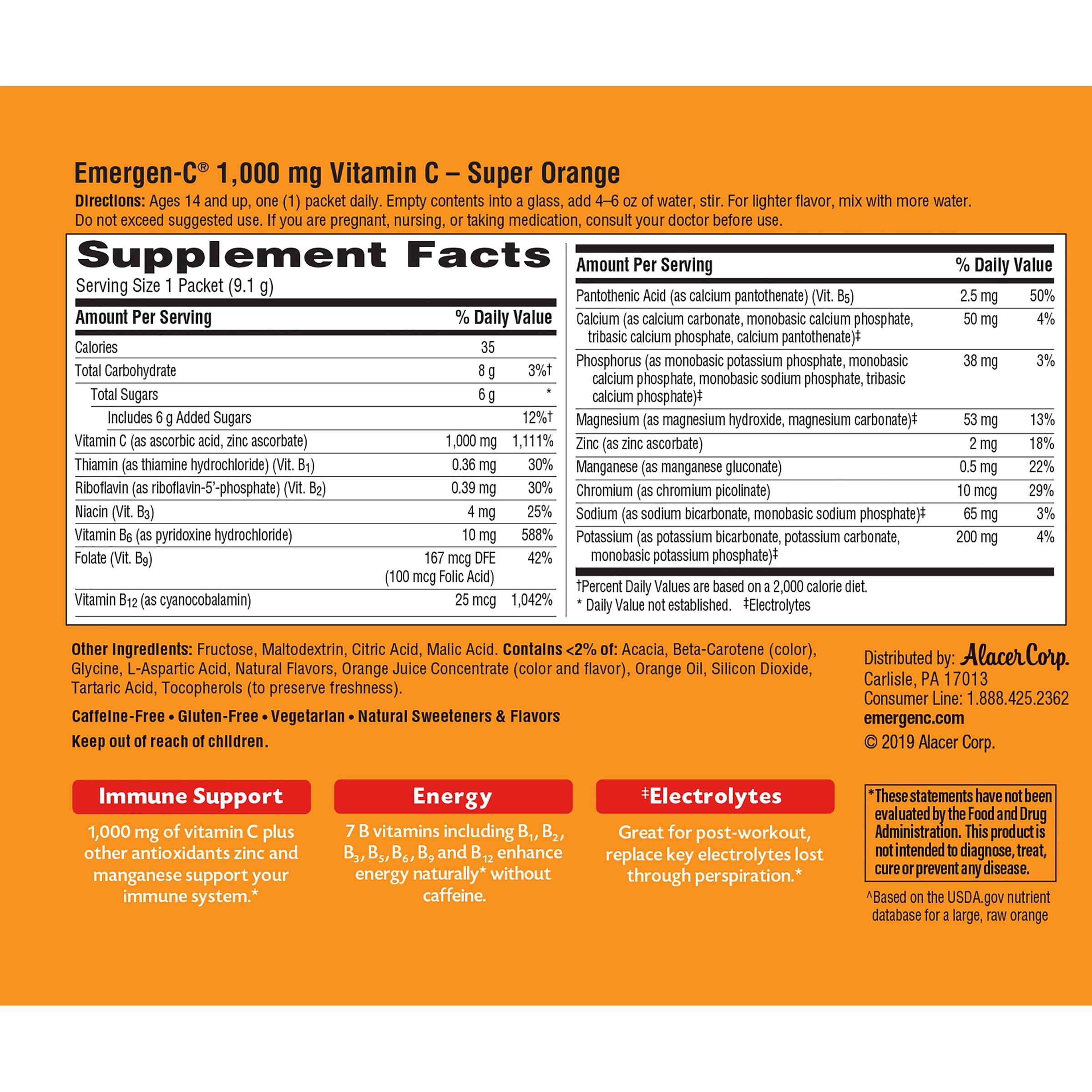 Emergen-C Super Orange Dietary Supplement(0.32 oz., 30 Powder Packets) with Bonus Smoothie Mix