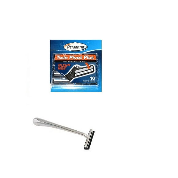 Trac II Chrome Handle + Personna Twin Pivot Plus Razor Cartridges w/ Lubricating Strip for Atra & Trac II Razors 10 ct.