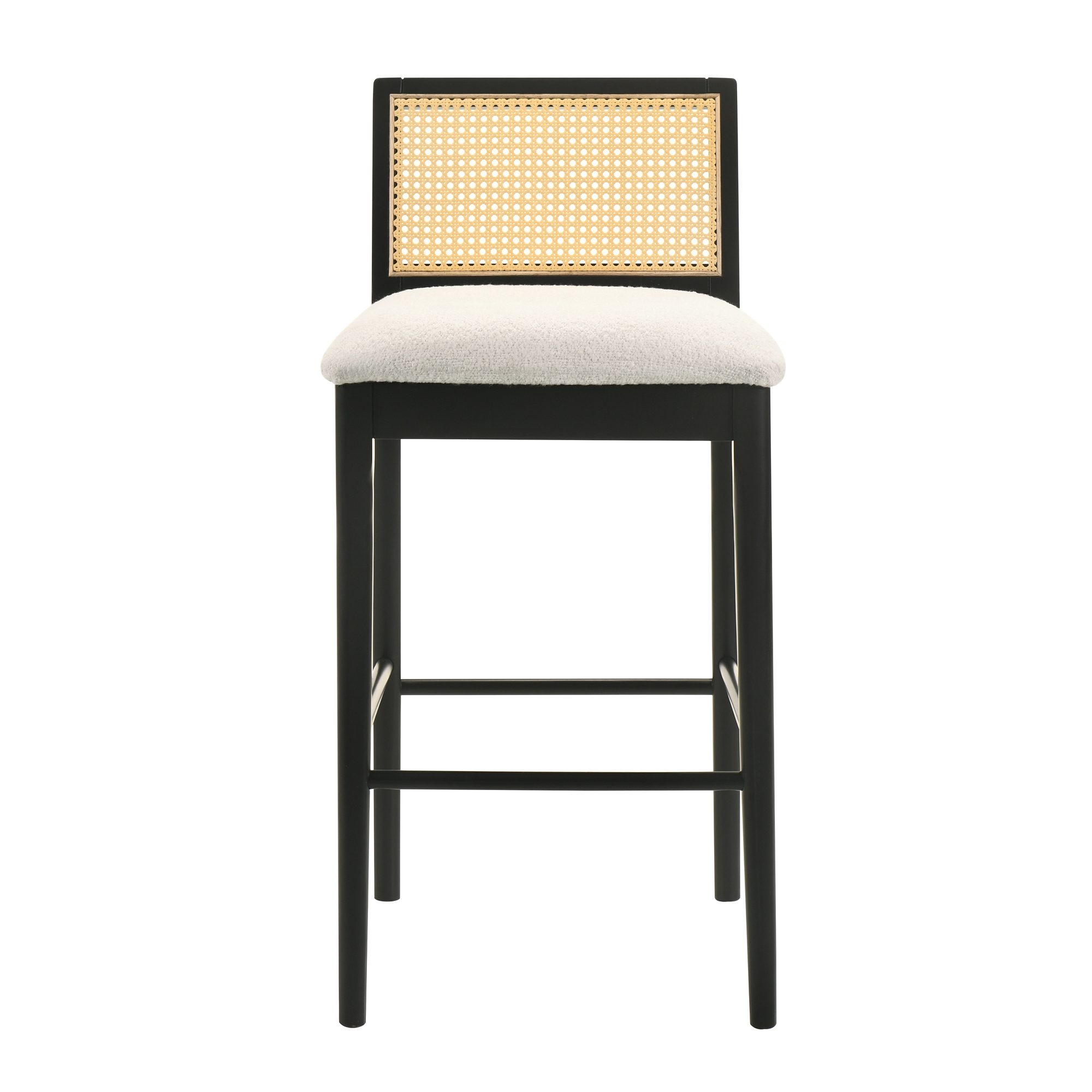 Tobias Coastal Modern Wood Bar Height Kitchen Bar Stool in Black Finish with White Boucle Fabric Upholstered Seat